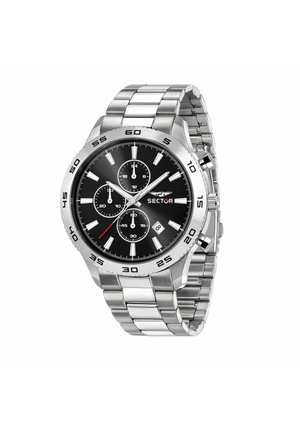 Orologio da polso da uomo in acciaio inossidabile con quadrante nero, tre sottoquadranti, finestra per la data, indici delle ore argentati e ghiera girevole con indicatori dei minuti.