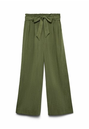 Groene wijde broek van textuurstof, met een aansluitende tailleband en een vastgebonden riem, plooien en een losse, relaxte silhouet.