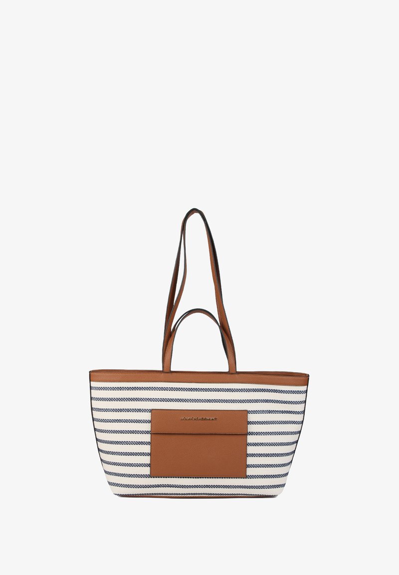 Striped tote bag with brown leather accents, featuring a front pocket, two handles, and a sturdy rectangular shape.