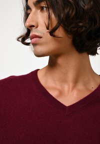 Maglione a v in borgogna con una texture morbida, caratterizzato da un collo a coste e una vestibilità slim. In primo piano della zona del collo su uno sfondo neutro.