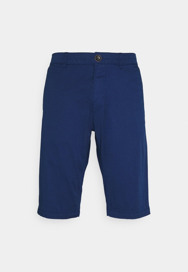 Shorts bleu marine en coton, avec fermeture à boutons, devant plat, ourlets retroussés et poches latérales. Texture lisse et design décontracté.