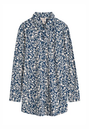 Chemise à rayures florales bleues et blanches, à manches longues, col déboutonné, deux poches avant, en tissu de coton léger, coupe décontractée.