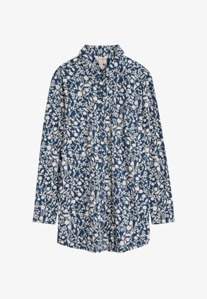 Zilas un balts ziedu raksts krekls, garas piedurknes, pogājama apkakle, divas priekšējās kabatas, izgatavots no viegla kokvilnas auduma, brīvs piegriezums.