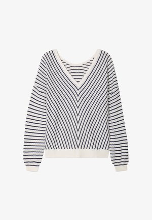 Gestreifter Pullover mit V-Ausschnitt, aus einem strukturierten Stoff in Weiß mit marineblauen Linien. Lange Ärmel mit gerippten Bündchen und Saum.