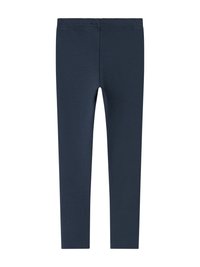 Marine ribbede leggings med elastisk midje, vist flatt mot en nøytral bakgrunn. Ingen mønstre eller tilleggsdetaljer synlige.