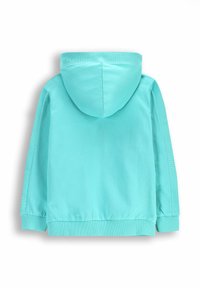 Turkusowy pulower z kapturem i kieszenią kangurką, z prążkowanymi mankietami i dołem. Gładka textura z wyłożonym kapturem i jednolitym wzorem.