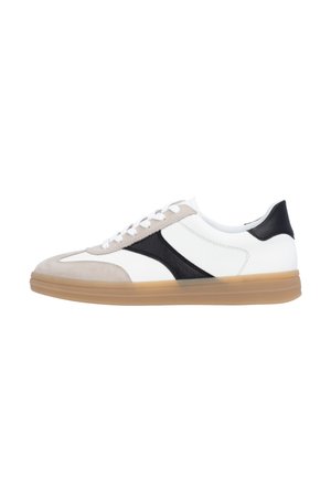White sneaker with beige suede toe, black side stripe, white laces, and translucent gum sole, shown in right side profile.