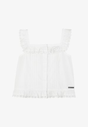 Witte mouwloze blouse met steeklostrim aan de bandjes, halslijn en zoom, met verticale plooitjes op het voorpand.