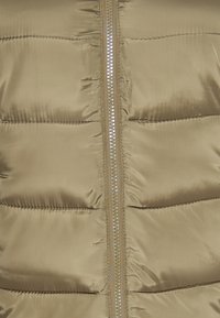 Gilet imbottito in verde oliva chiaro, dotato di sezioni trapuntate, finitura in satin liscio e una cerniera argentata sul davanti per la chiusura.