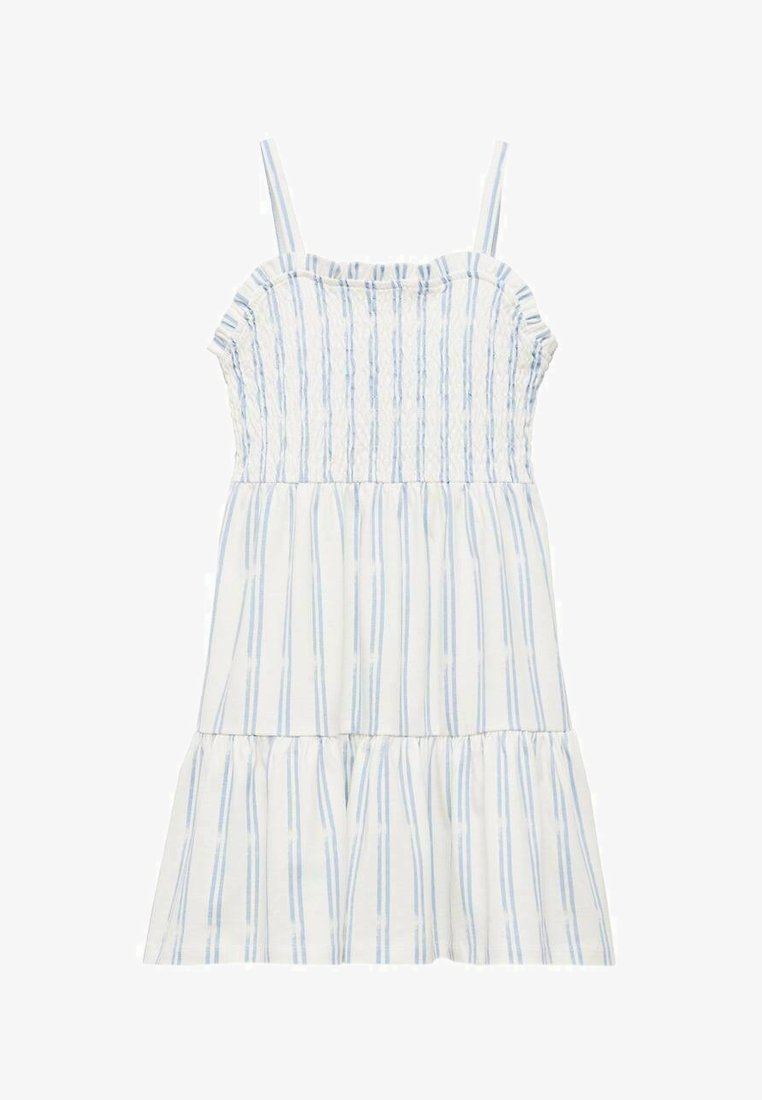 Svetlo modra in bela črtasta obleka s nabrano zgornjim delom, tankimi naramnicami in večplastno krilo, izdelana iz lahkotnega bombažnega materiala.