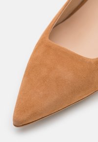 Chaussure en daim à bout pointu, coloris marron clair, avec empeigne décolletée, présentée en gros plan sur fond blanc.