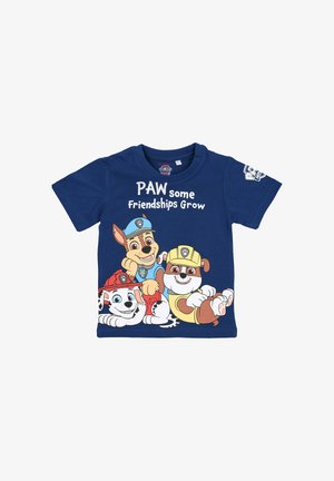 Navy blue cotton t-shirt featuring cartoon dogs on the front, text reads "PAW some Friendships Grow." Short sleeves and crew neckline.