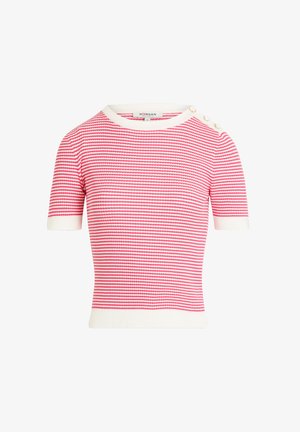 Short-sleeved knit top with red and white horizontal stripes, white ribbed collar, and decorative buttons on the left shoulder.
