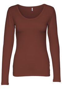 Long-sleeve top in rust color, featuring a scoop neckline. Made from soft, stretchy material with a fitted design and smooth texture.