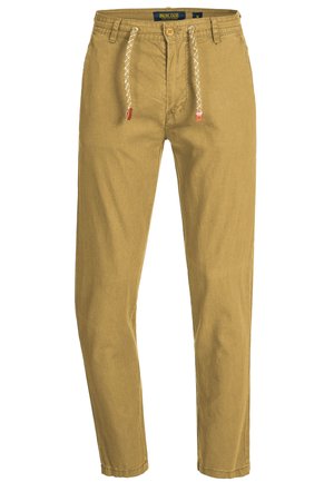 Pantalones de algodón color caqui con corte recto, que cuentan con una cinturilla de cordón, cierre de botón en la parte delantera y dos bolsillos laterales.