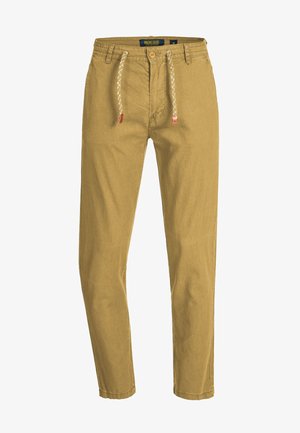Khakifarbene Baumwollhosen mit geradem Schnitt, verfügen über einen Kordelzugbund, einen vorderen Knopfverschluss und zwei Seitentaschen.
