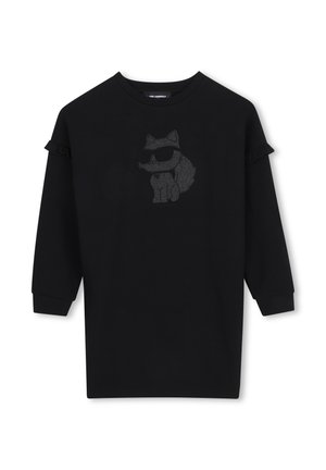 Robe noire à manches longues avec un détail volanté sur les manches et un motif scintillant d’un chat portant des lunettes de soleil sur le devant.