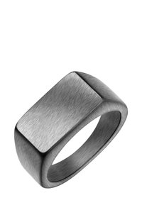 Ščetkana kovinska prstana z pravokotnim ravnim vrhom; gladkimi robovi in subtilnim sijajem; minimalistična zasnova in trdna oblika.