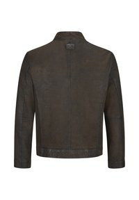 Braune Lederjacke mit glatter Textur, minimalistischem Design, Stehkragen und ohne sichtbare Taschen oder Verschlüsse auf der Rückseite.
