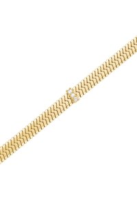 Bracciale in metallo dorato con un design flessibile e interbloccato. Presenta tre pietre trasparenti come accentuazione al centro. Finitura liscia e lucida.