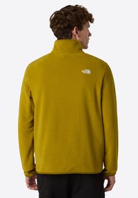Polarowy sweter w oliwkowej zieleni z wysokim kołnierzem, długimi rękawami i małym białym logo na górnej części pleców. Miękka, teksturowana tkanina.