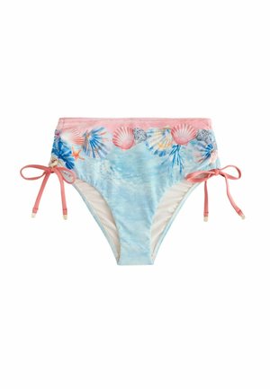 Világoskék, magas derékkal rendelkező bikini alsó rózsaszín derékpánttal, kagyló- és tengeri csillag mintával, rózsaszín oldalsó megkötőkkel, apró arany végződésekkel.