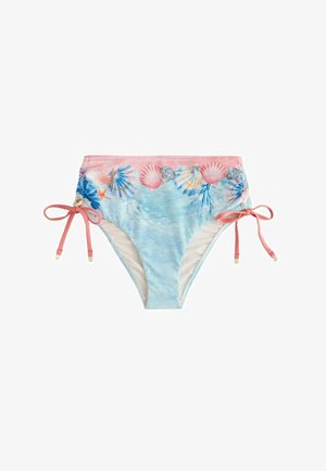 Világoskék, magas derékkal rendelkező bikini alsó rózsaszín derékpánttal, kagyló- és tengeri csillag mintával, rózsaszín oldalsó megkötőkkel, apró arany végződésekkel.