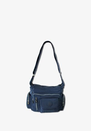 Dunkelblaue Stoff-Schultertasche mit mehreren Reißverschlusstaschen, verstellbarem Tragegurt und geprägt logo Details auf der Vorderseite.