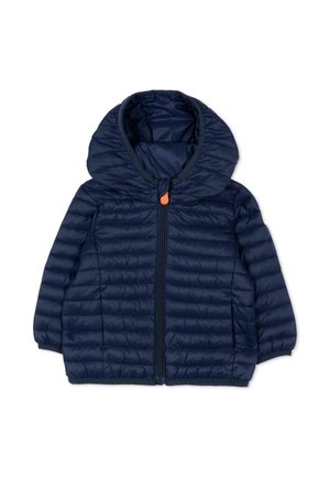 Giacca imbottita blu navy per bambini con cappuccio, cerniera frontale e tiralampo arancione, maniche lunghe e polsini elastici.