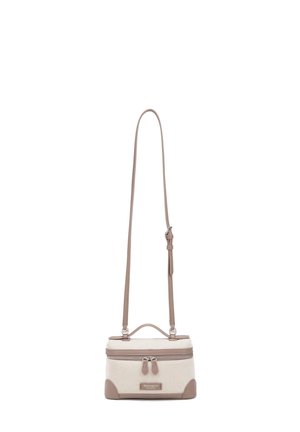 Rechthoekige beige crossbodytas met taupekleurige accenten, bovenhandvat, verstelbare schouderriem en dubbele ritssluiting op het voorvak.