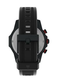 Black silicone strap watch with a round case, silver back, and red accents. Features textured strap with cutouts for ventilation and fit adjustment.