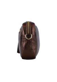 Kožna torba u brončanoj boji s teksturiranim završetkom, koja ima zlatni patentni zatvarač na vrhu i metalni prsten za pričvršćivanje sa strane.