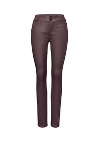 Skinny-fit broek in donkerpaarse faux leer. Beschikt over een soepele textuur, twee voorzakken en een knoopsluiting met dubbele knopen.