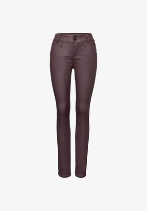 Pantaloni skinny-fit in ecopelle viola scuro. Presentano una texture liscia, due tasche anteriori e una chiusura con bottone a doppio.