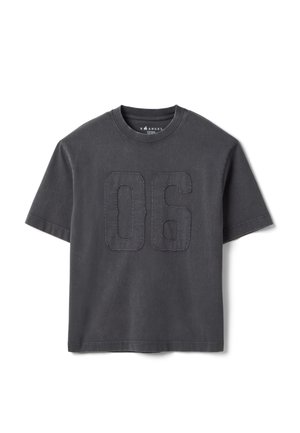 Charcoal gray short-sleeve T-shirt with stitched "06" numerals on the front and a round neckline.