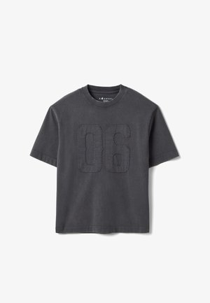 Charcoal gray short-sleeve T-shirt with stitched "06" numerals on the front and a round neckline.