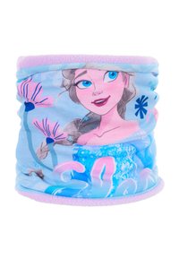 Blauwe stoffen nekwarmer met een karakterillustratie, pastelkleurige bloemenaccenten en een zachte lila fleece voering. Draagt prominent de naam "Elsa."