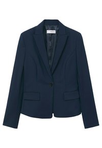 Námořnický blazer vyrobený z hladkého materiálu, s přizpůsobeným střihem, zapínáním na jeden knoflík a dvěma předními kapsami s klopovým designem.