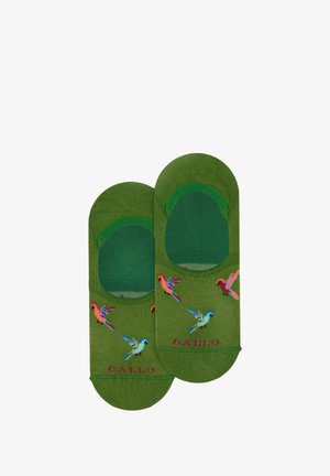 Grüne Baumwollsocken mit bunten gestickten Vögeln und dem Markennamen "GALLO" in Rot. Knöchelhöhe mit glatter Textur.