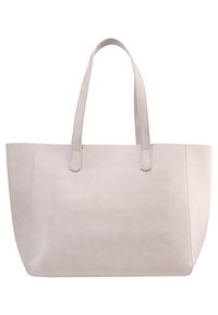 Jasnoszara skórzana torba tote z dwoma długimi uchwytami, minimalistyczny design, gładka tekstura i brak widocznych elementów metalowych lub zdobień.
