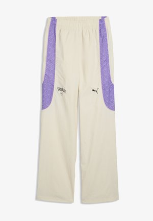 Off-white wide-leg pants with elastic waistband, purple patterned side panels, Pokémon logo on left thigh, and Puma logo on right thigh.