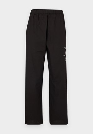 Black, wide-leg trousers with an elastic waistband. Features a contrasting silver embroidery detail on the side. Made from lightweight fabric.