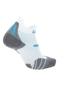 Socks: low-cut design in white with gray accents, blue detailing, textured knit, and strategic cushioning for comfort.