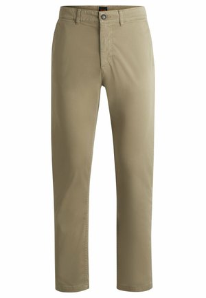 Pantaloni chino de culoare bej deschis, dintr-un material de bumbac neted, cu fermoar la bragu, închidere cu buton și buzunare laterale.