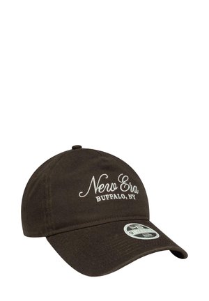 Dark brown baseball cap made of fabric with a curved visor. Features white embroidered text "New Era" and "Buffalo, NY" on the front.