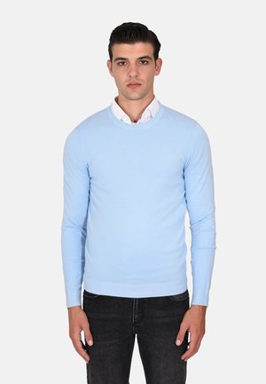Maglione a maglia blu chiaro con collo rotondo, maniche lunghe, polsini e orlo a costine, indossato sopra una camicia bianca con colletto, abbinato a jeans scuri.