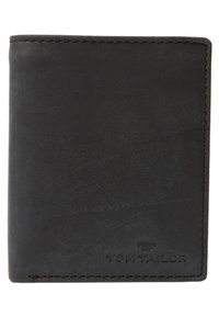 Black leather wallet with a textured surface, featuring a stitched border and embossed "TOM TAILOR" logo on the bottom right corner.