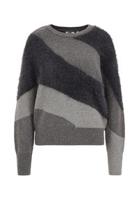 Grauer Pullover mit einer Mischung aus glatten und flauschigen Texturen, der diagonale Farbstreifenmuster in verschiedenen Grautönen aufweist. Gerippter Saum und Bündchen.