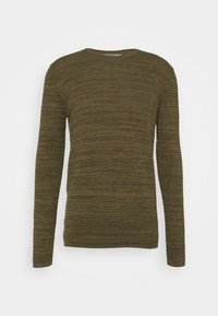 Olivgrüner Langarmpullover mit einem strukturierten, gerippten Design. Rundhalsausschnitt und taillierte Silhouette, mit horizontalen Linien im gesamten Design.