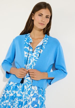 Frau trägt ein blaues Kleid mit Blumenmuster und Quastenbändern sowie eine einfarbige, hellblaue, kurz geschnittene Strickjacke, steht vor einem weißen Hintergrund.